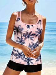 Tropical Tree Print Tankini Swimsuit w/ Criss Cross Straps High Waist - Pink