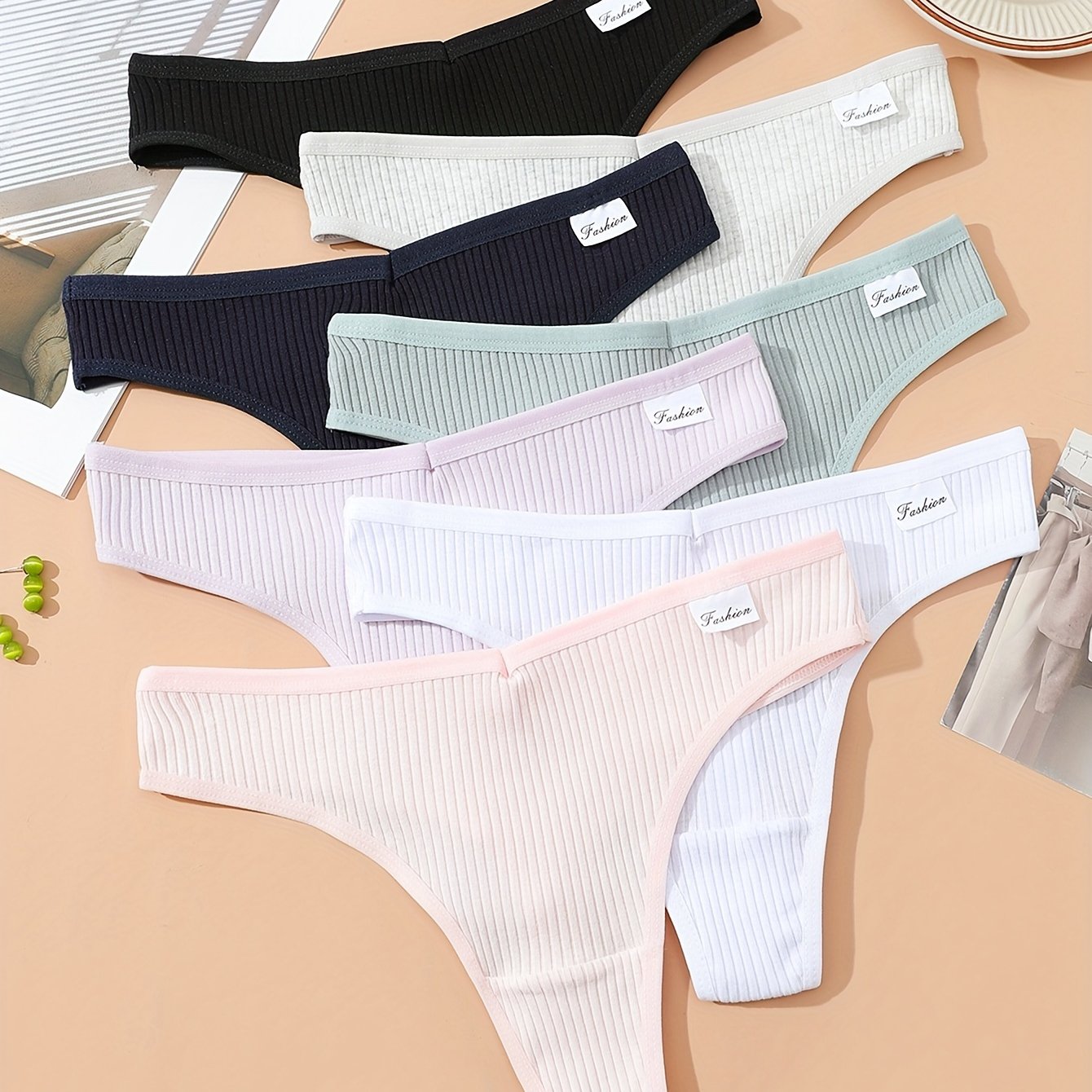 7pcs Ribbed Thongs Soft & Comfy Stretchy Intimates Panties Women's Lingerie