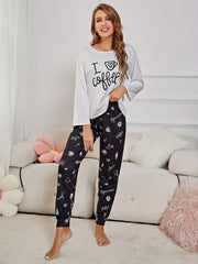 Graphic & Letter Print Pajama Set Long Sleeve Top & Pants