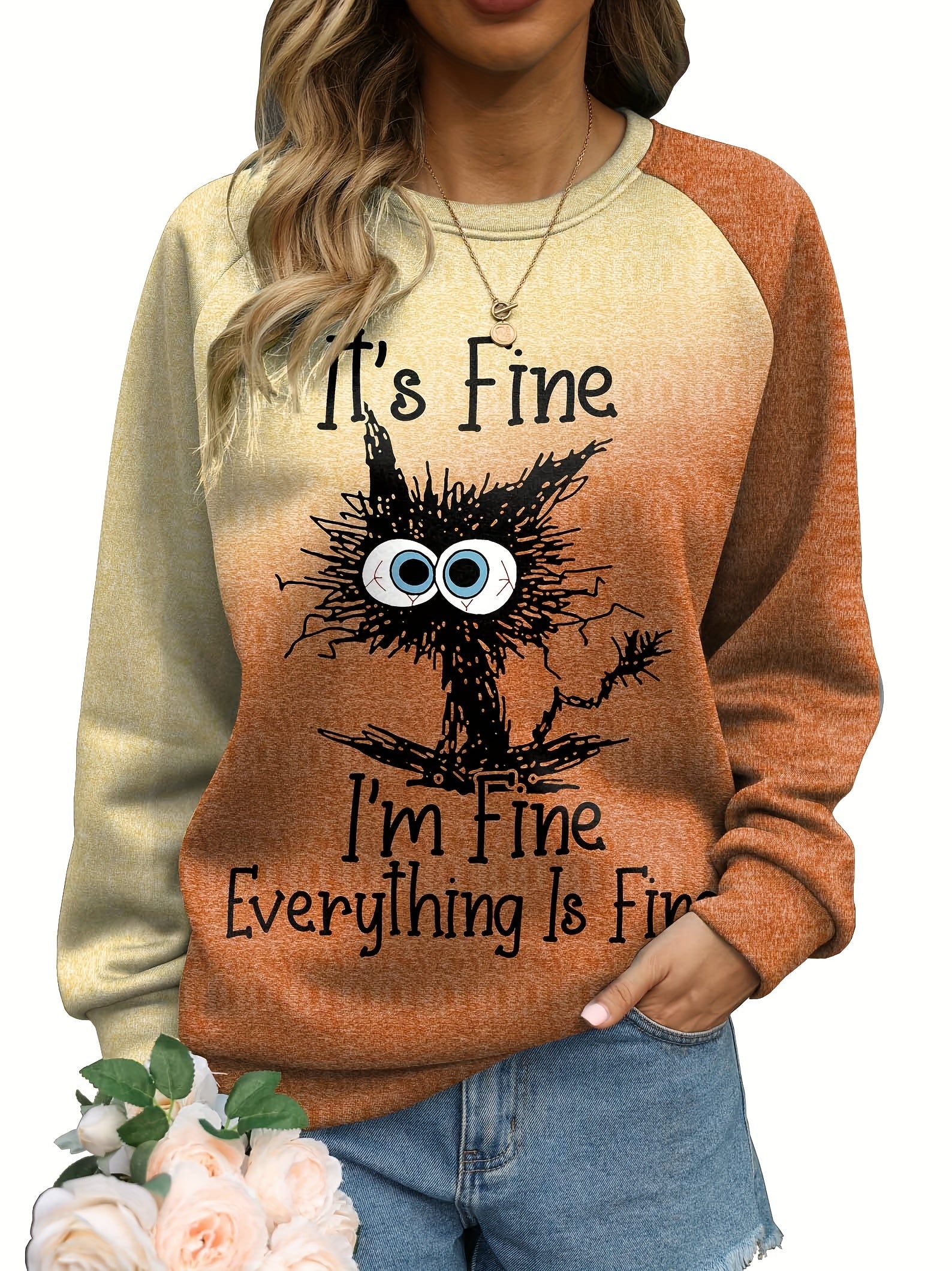 Cat & Letter Print Sweatshirt for Women