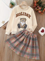 Cartoon Bear Embroidery Sweatshirt & Plaid Skirt Set for Holiday Party