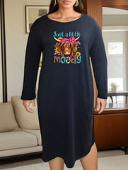 Western Lounge Dress Women's Plus Bow Cow & Letter Print Long Sleeve