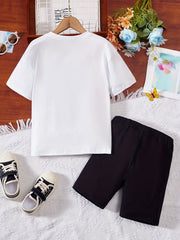 Girls Flower & Letter GOOD VIBES T-Shirt & Shorts Set