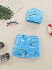 Boys Crocodile Print Swim Trunks & Cap Set for Beach Vacation