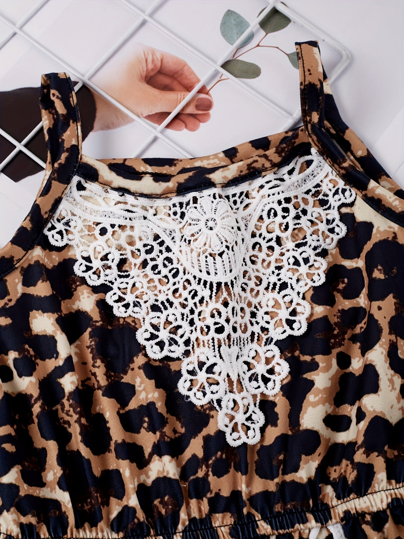 Leopard Lace Trim Cami Rompers Jumpsuits for Toddler Girls