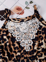 Leopard Lace Trim Cami Rompers Jumpsuits for Toddler Girls