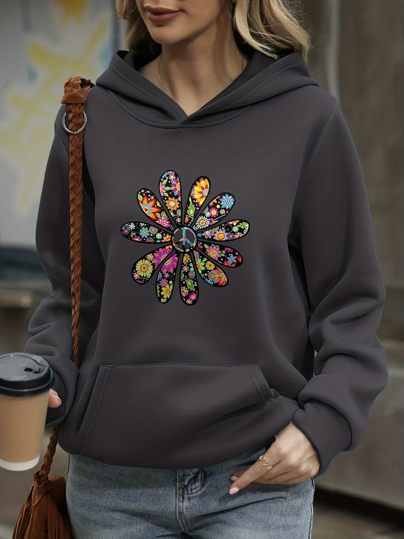 Floral Print Kangaroo Pocket Hoodie Long Sleeve Sweatshirt