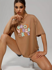Smiling Face & Cartoon Flower & Letter Print T shirts Short Sleeve O neck
