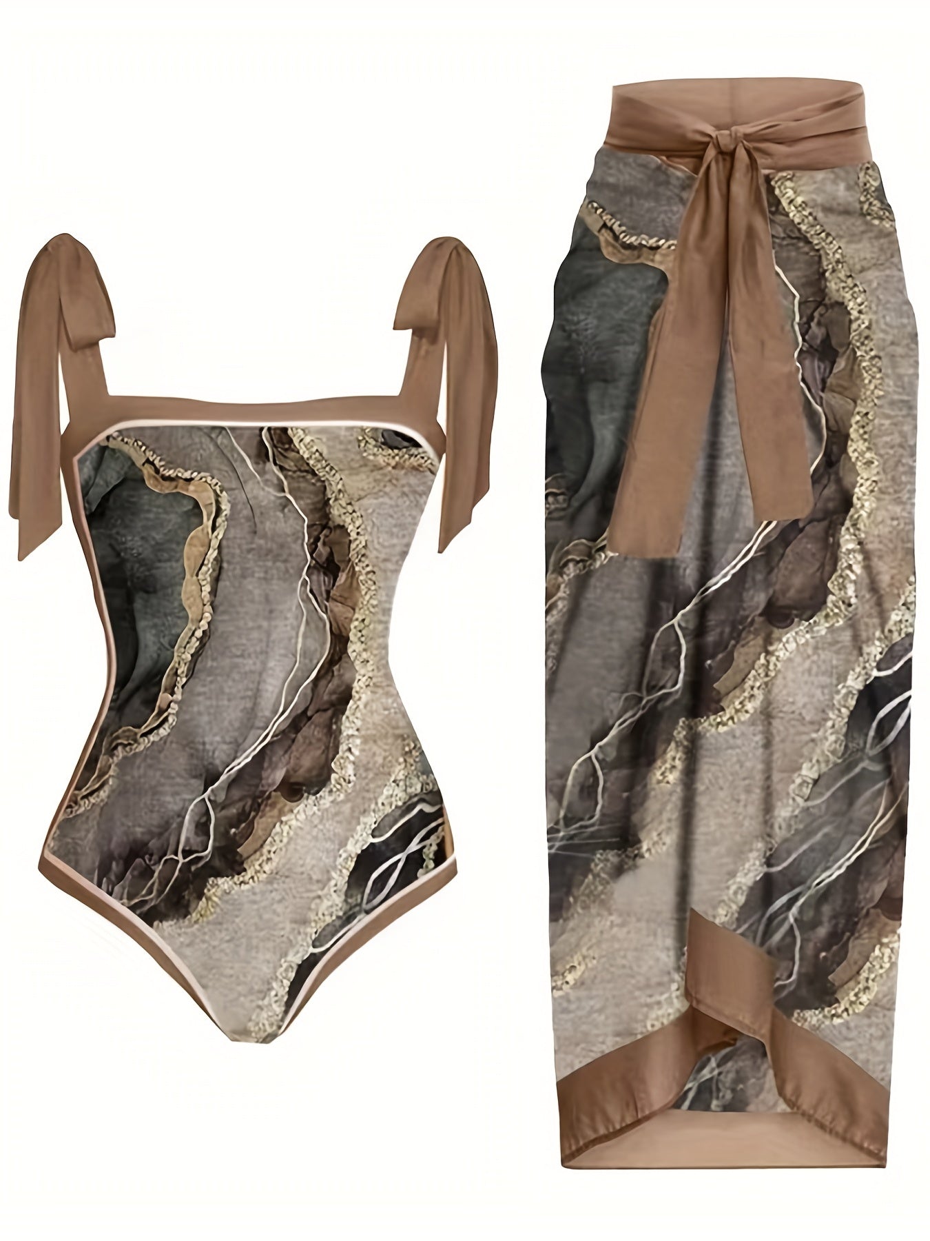 Brown Marble Print Swimsuit Set with Cover Up Skirt