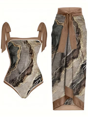 Brown Marble Print Swimsuit Set with Cover Up Skirt