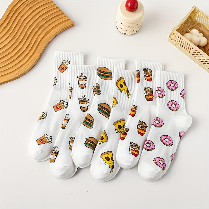 6 Pairs Cartoon Food Print Socks Funny Mid Tube Women's Stockings
