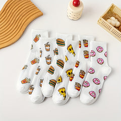 6 Pairs Cartoon Food Print Socks Funny Mid Tube Women's Stockings