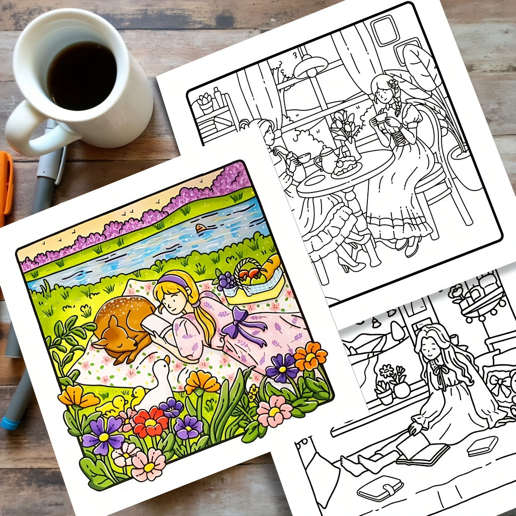 3pcs 72Pg Adult Coloring Book for Girls Warm Home Girl Glowing Comfortable