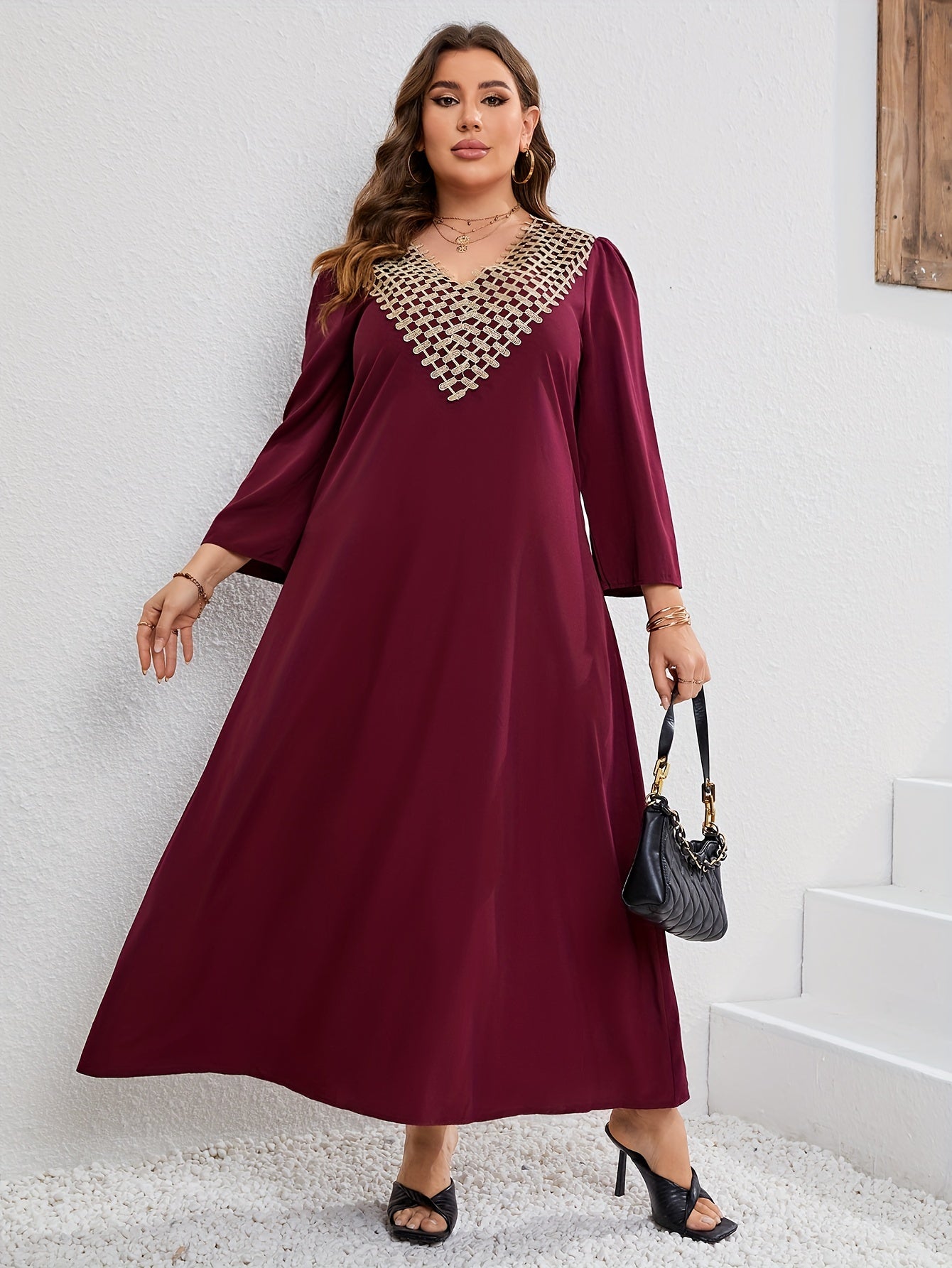 Solid Applique Long Sleeve V Neck Maxi Dress