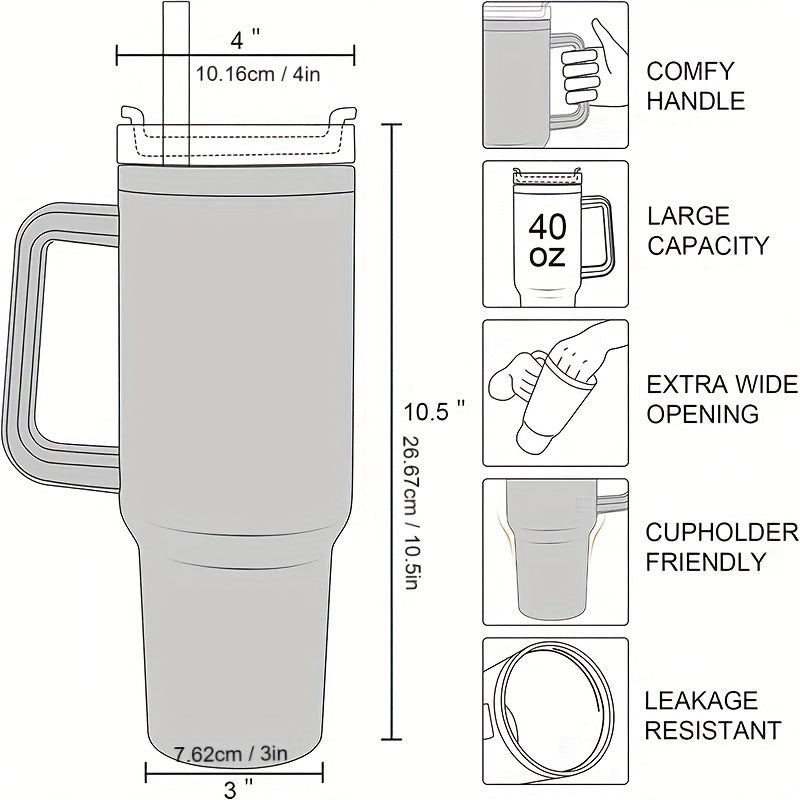 40oz Stainless Steel Straw Handle Cup Insulated Coffee Tumbler