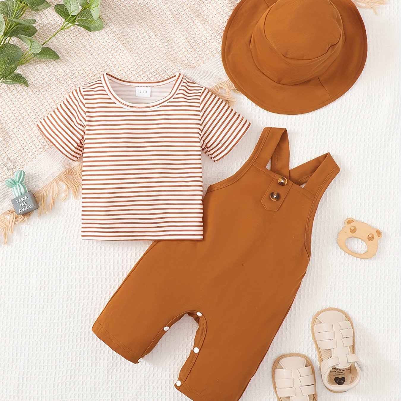 3pcs Baby Boys Striped Tops Overall Hat Set