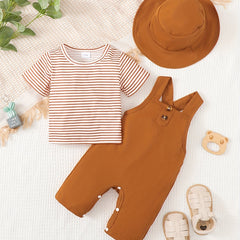 3pcs Baby Boys Striped Tops Overall Hat Set