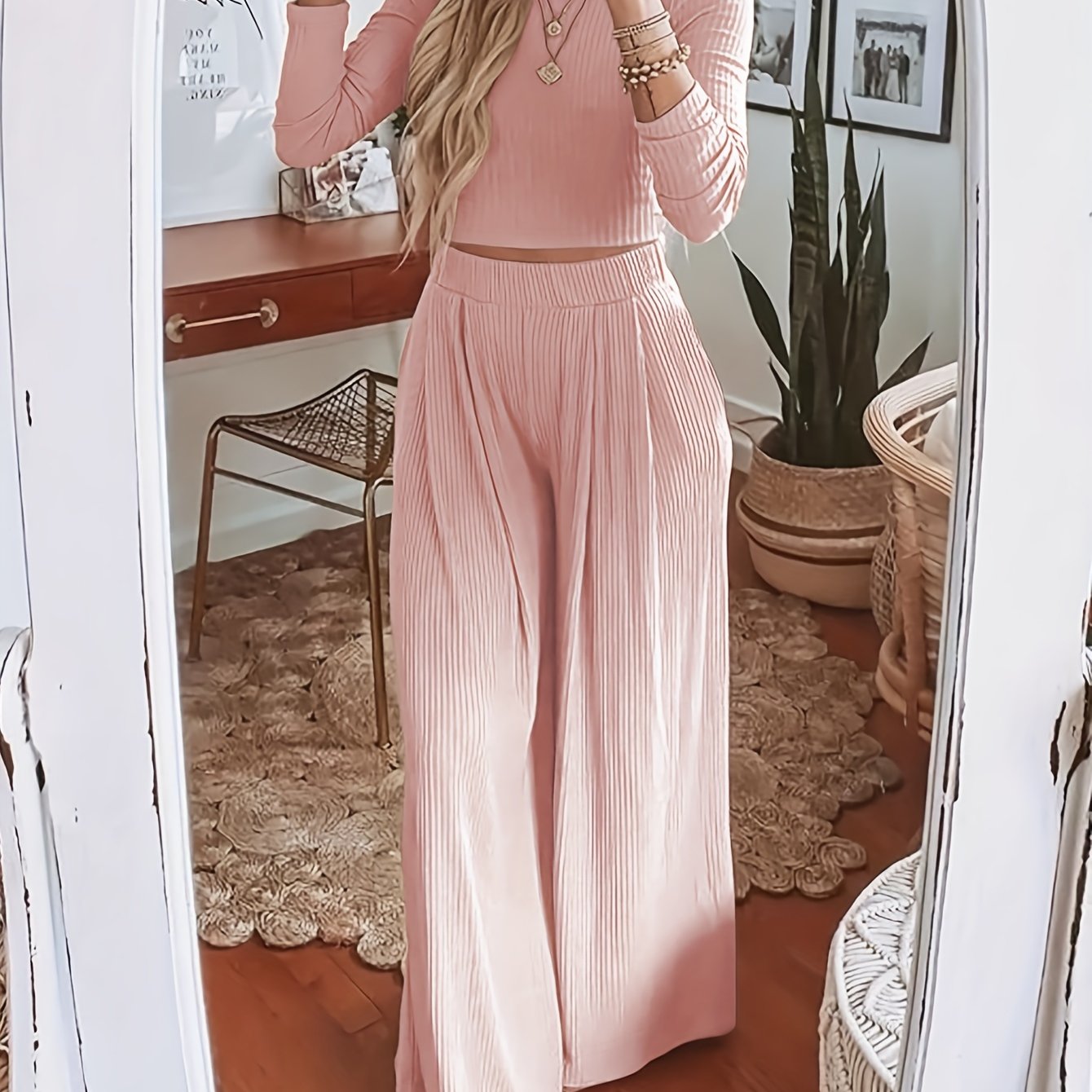 Solid Ribbed Crop Top & Wide Leg Pants Set