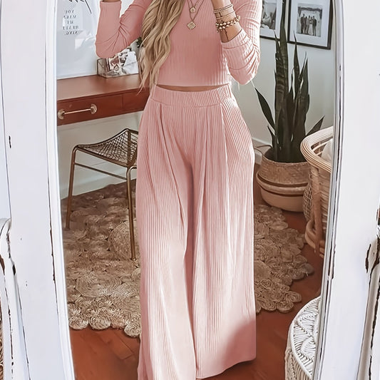 Solid Ribbed Crop Top & Wide Leg Pants Set