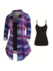 Plaid Print Button Up Blouse & Cami Top 2 Piece Set