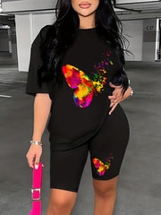 Colorblock Butterfly Print Lounge Set Short Sleeve Top & Cozy Shorts