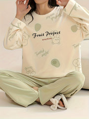 Bear Print Lounge Set Long Sleeve Top & Pants Women's Pajamas
