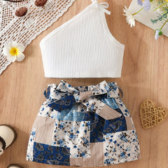 2pcs Baby Girls Cold Shoulder Tops & Flowers Allover Print Skirt