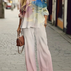 Women's Plus Marble Print Top & Wide Leg Pants Set