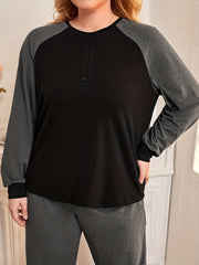 Plus Size Button Decor Raglan Sleeve Top & Joggers Lounge Set