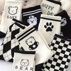 Bear Print Socks Striped Mid Tube Stockings