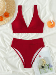 Solid Rib nit High Waist Bikini Swimsuit