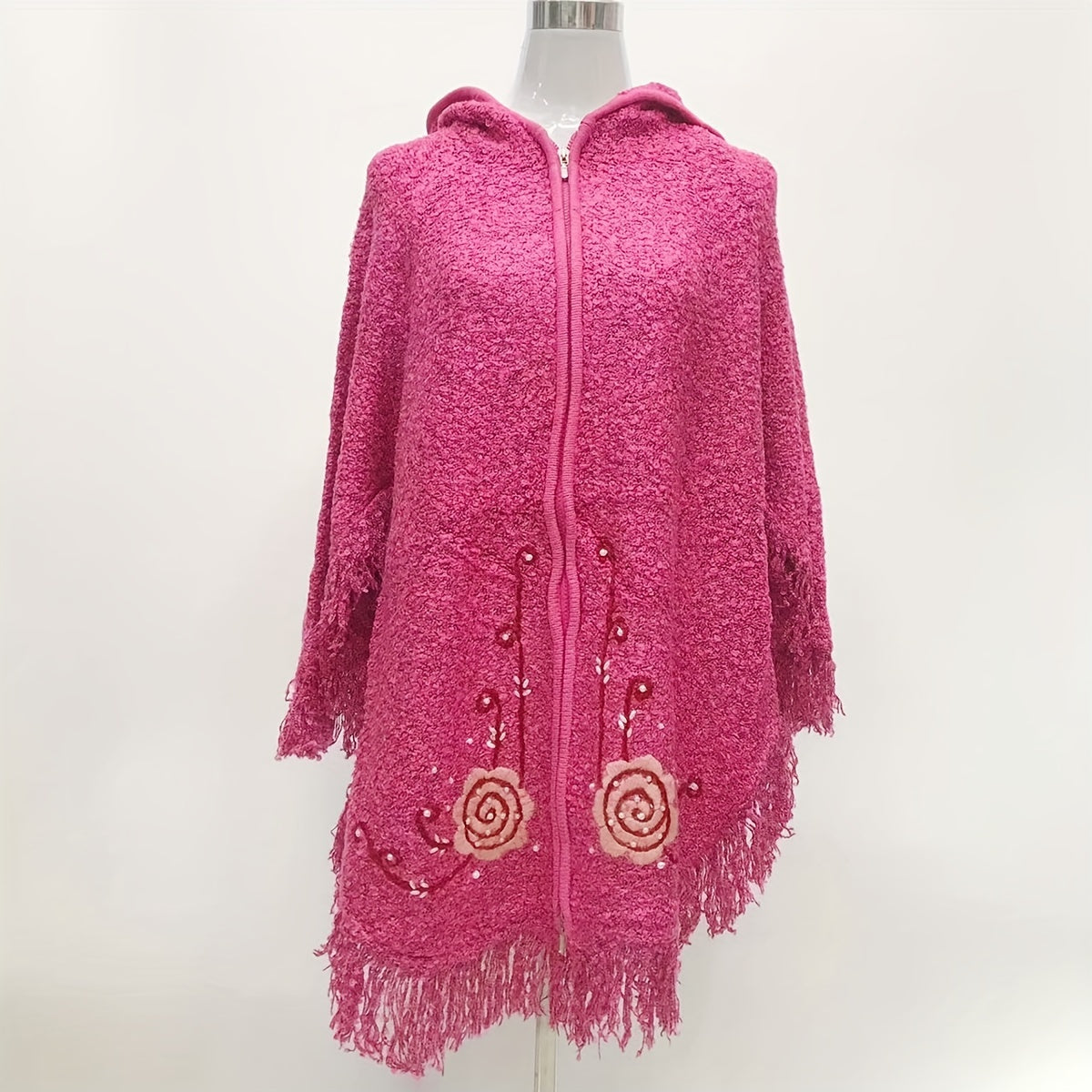 Vintage Flower Embroidery Shawl Zipper Hoodie Warm Cape