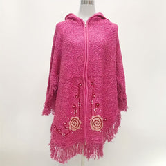 Vintage Flower Embroidery Shawl Zipper Hoodie Warm Cape