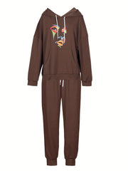 Women's Plus Abstract Face Print Hoodie & Joggers Set