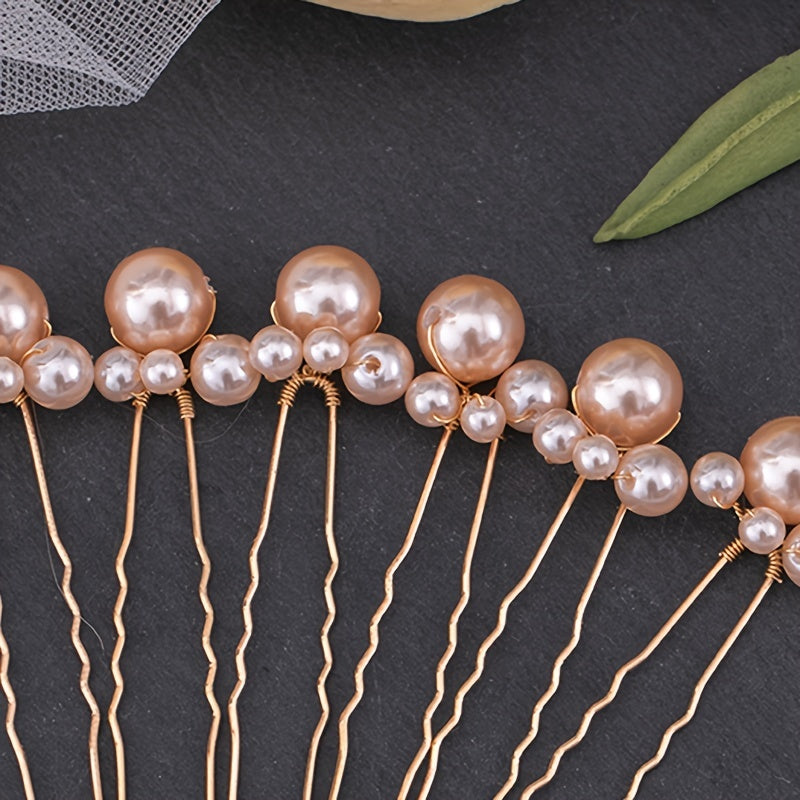6pcs Pearl Hair Comb Bridal Hairpin Golden Wedding Jewelry
