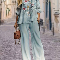 Floral Print Long Sleeve Top & Wide Leg Pants Set