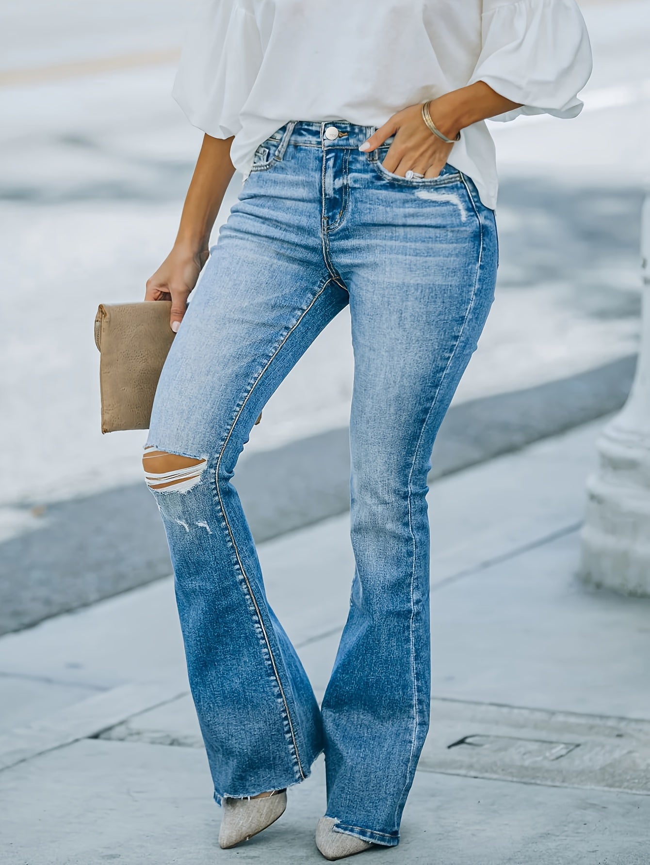 Ripped Button Fly Flared Leg Jeans