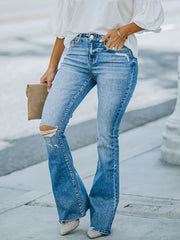 Ripped Button Fly Flared Leg Jeans