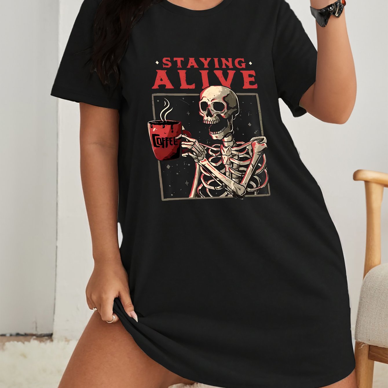 Halloween Lounge Dress Women's Skull & Slogan Print Nightdress