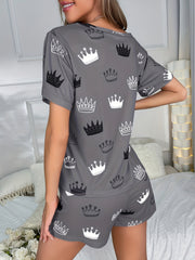 Crown Print Short Pajamas Set & Blindfold Women's Sleepwear