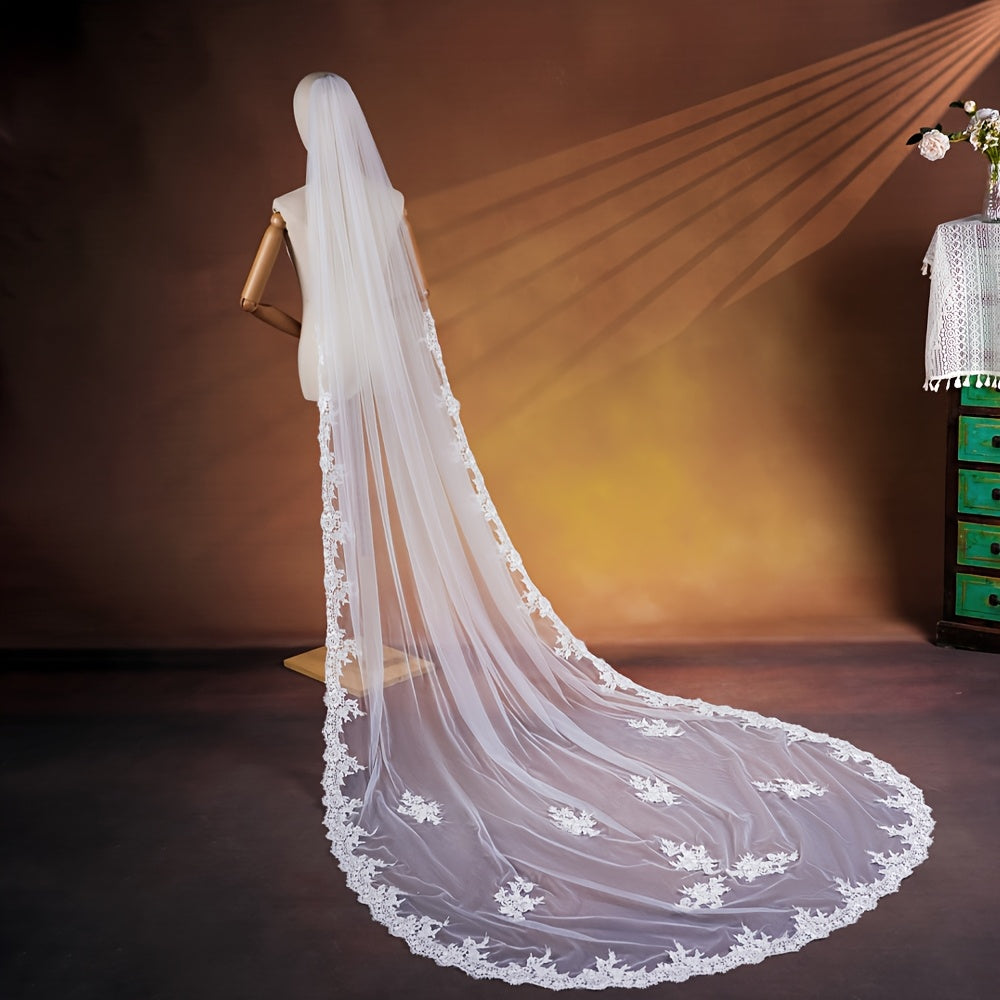 3m Long Bridal Veil w/ Lace Soft Tulle Wedding Headpiece Romantic Theme