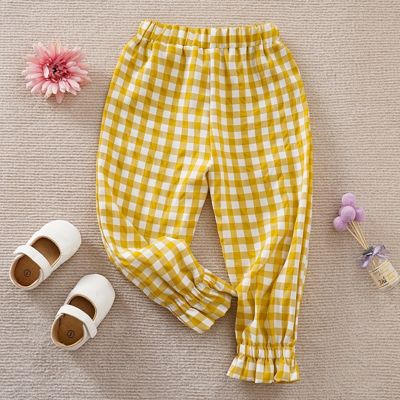 Yellow Plaid Girls Ruffle Trousers Toddler Pants