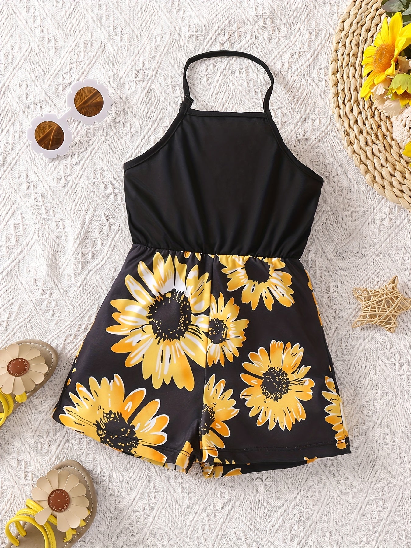 Toddler Girls Sunflower Backless Halter Rompers Jumpsuits For Beach Vacation