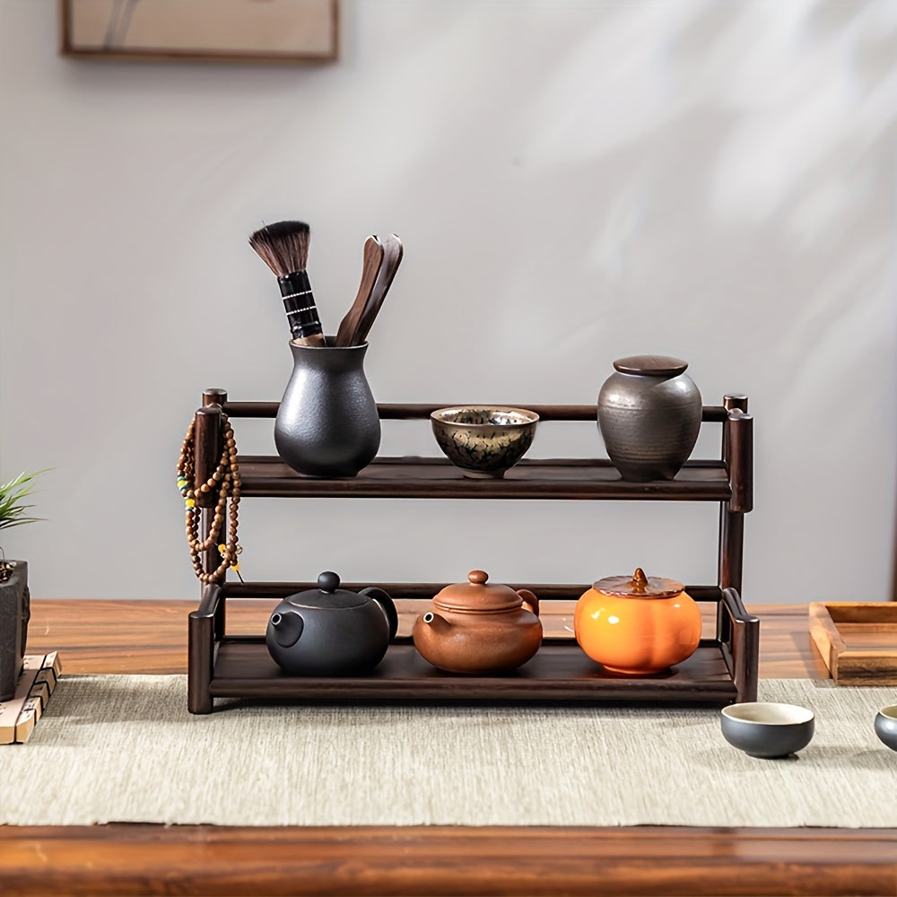 Double Shelf Solid Wood Storage Rack Tea Set Rack Succulent Rack