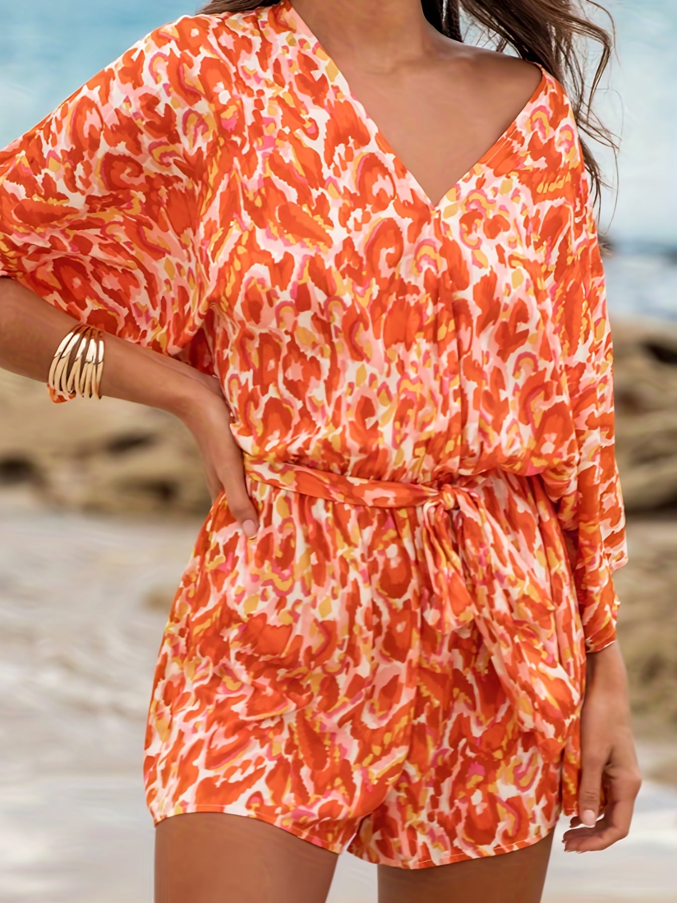 Allover Print V Neck Romper Jumpsuit Casual Half Sleeve Belted Romper