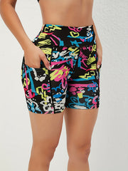 Graffiti Print Yoga Sports Shorts High Waist Running Shorts