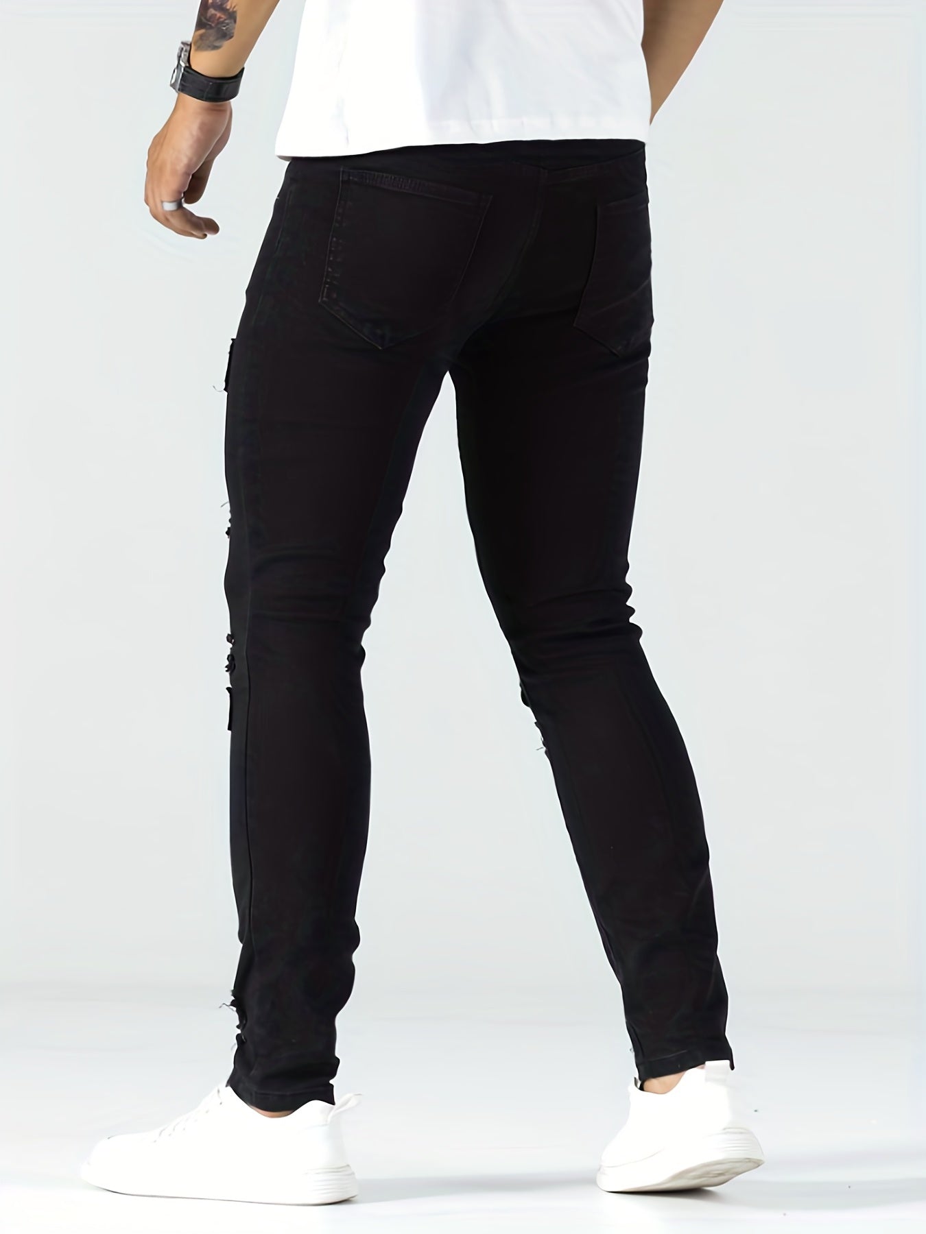 Slim Fit Ripped Embroidery Biker Jeans Mens Casual Street Style Stretch Denim