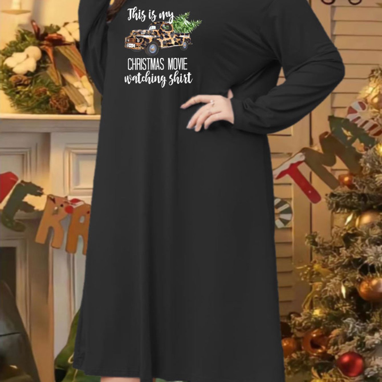 Leopard Car & Xmas Tree Print Long Sleeve Sleep Dress