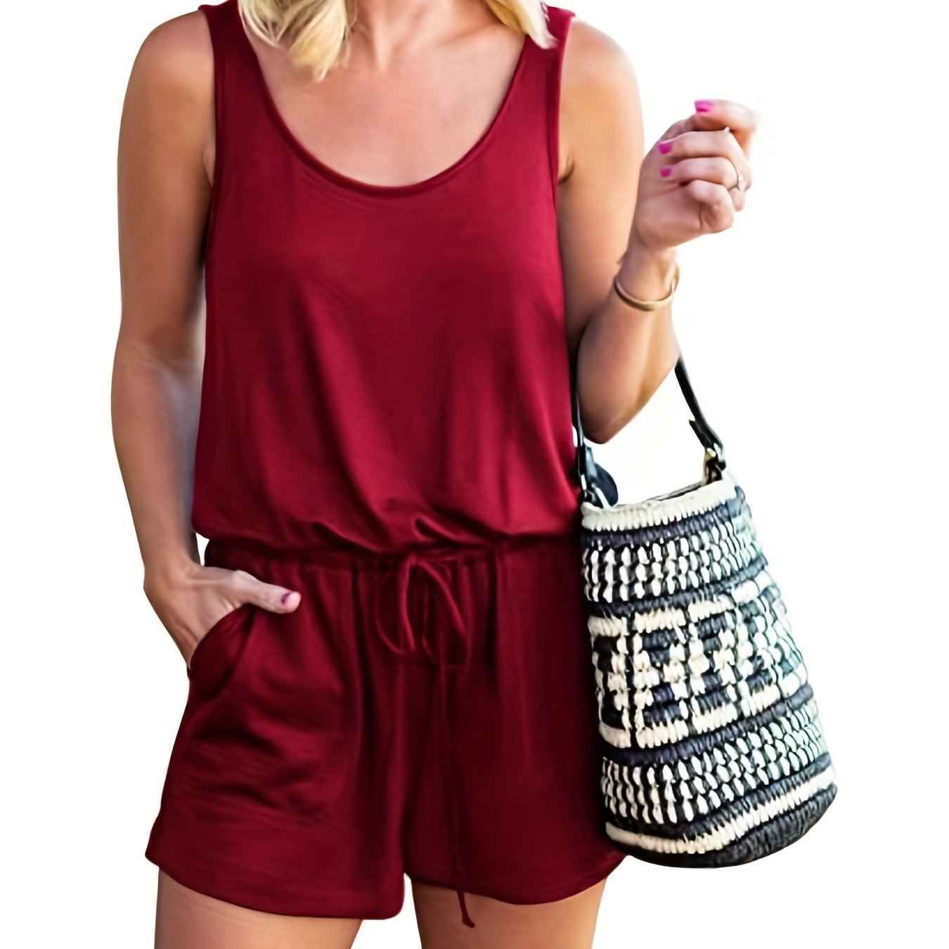 Drawstring Waist Romper Jumpsuit Sleeveless Casual Women's Clothing