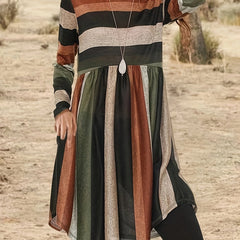 Colorblock Stripe Print Long Sleeve Round Neck Dress